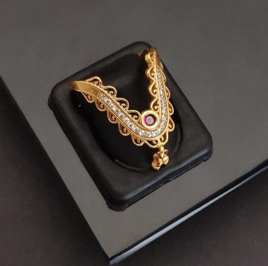 Ornate V-Shaped Gold-Plated Dangle Ring
