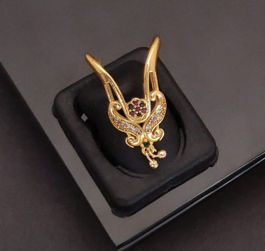 Intricate Gold-Plated Statement Ring with Dangle
