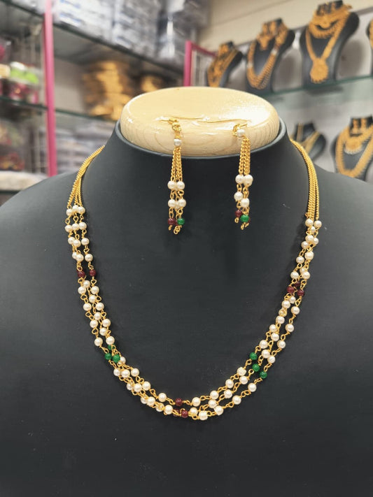 Double‑Layer Pearl Mala Necklace Set – Gold‑Tone with Red & Green Beads