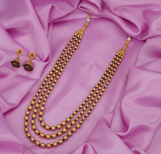 Triple‑Layer Beaded Rani Haar Set – Antique Gold with Green Accents & Jhumkas