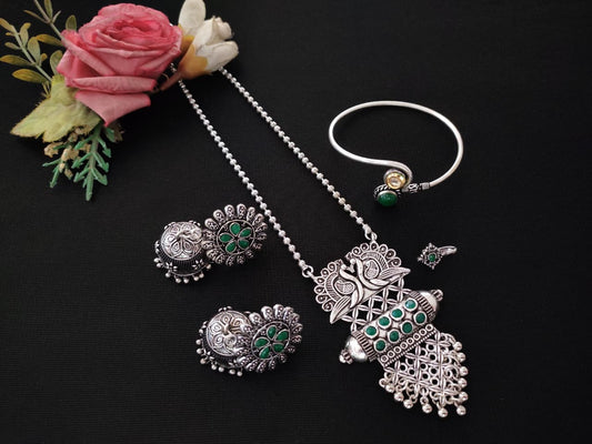 Oxidized Peacock Blue Stone 4‑Piece Set – Silver‑Tone Necklace, Jhumkas, Cuff & Ring
